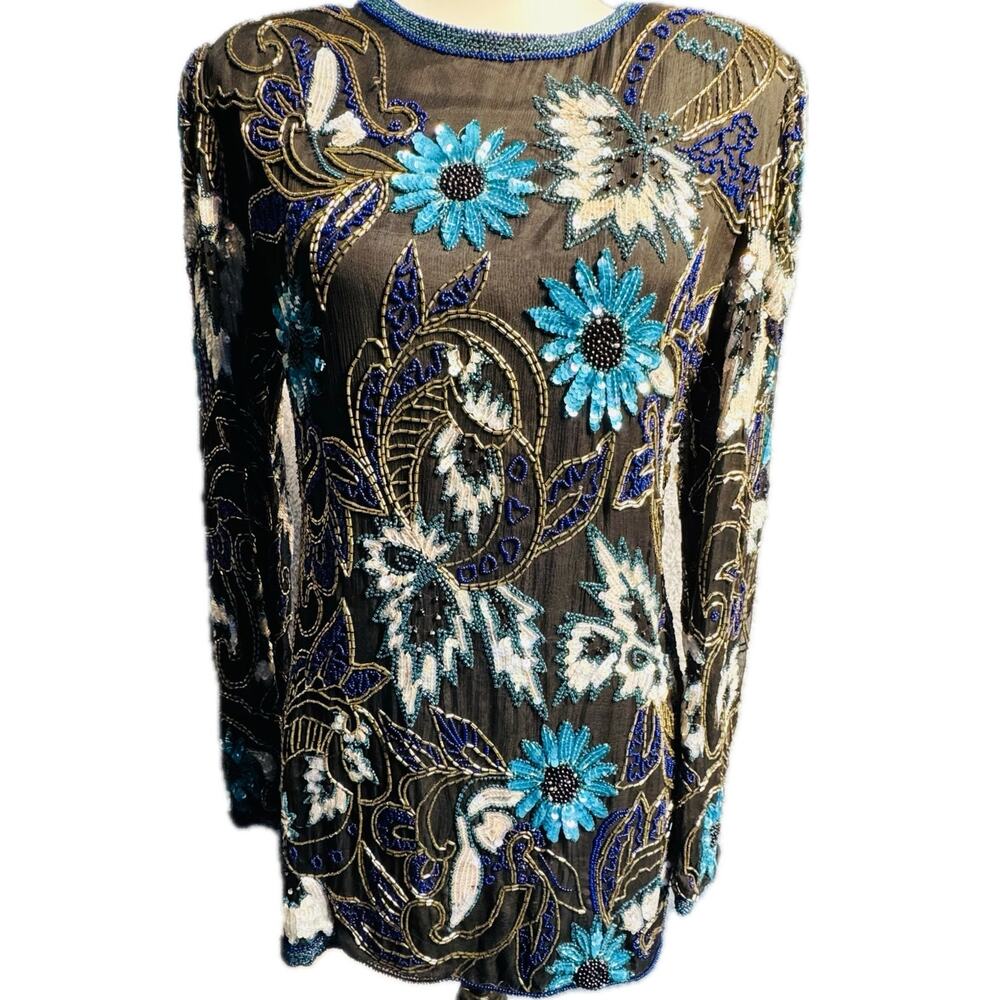 VTG Floral Sequined Beaded 100% Silk Party Dress Women 10/12 Black Teal White